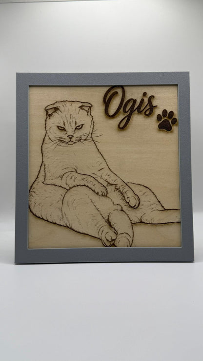 Personalised Pet Portrait – Laser Engraved Wood with Custom 3D Printed Frame