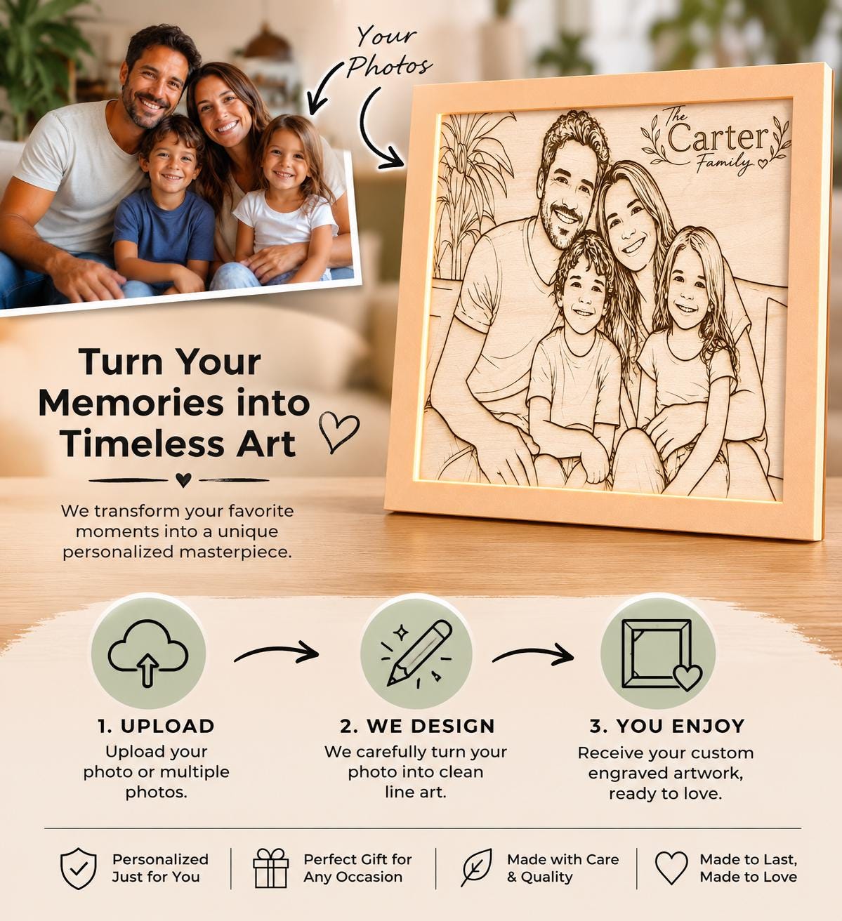 Turn Your Photo Into Wood Art | Custom Laser Engraved Portrait | 3D Printed Frame | Memory Keepsake