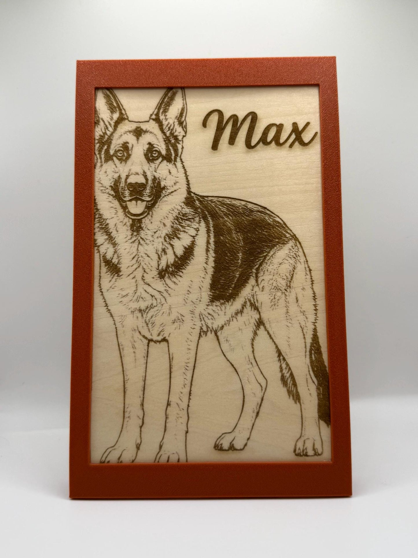 Personalised Pet Portrait – Laser Engraved Wood with Custom 3D Printed Frame