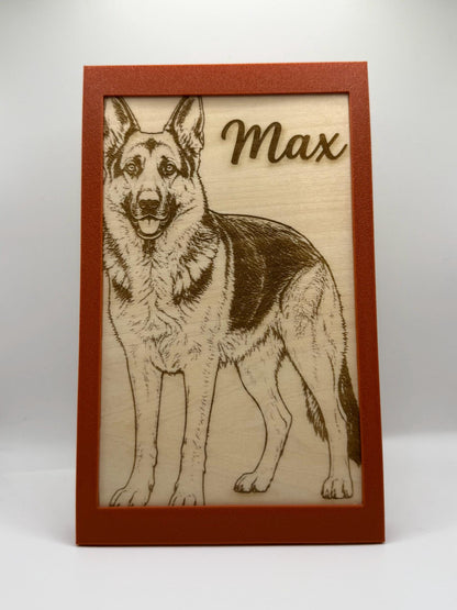 Personalised Pet Portrait – Laser Engraved Wood with Custom 3D Printed Frame