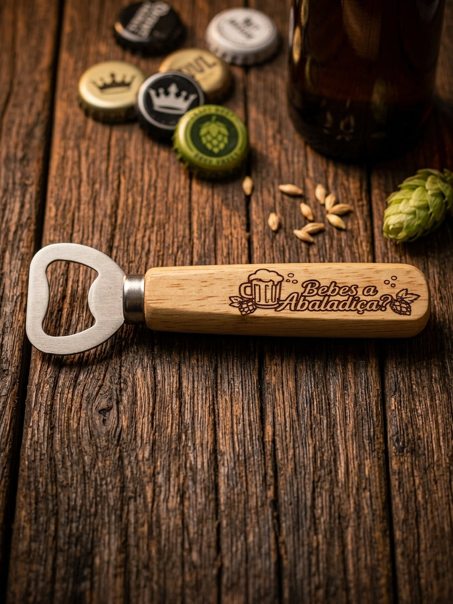 A wooden bottle opener with a bottle-cap opener head, engraved with 'Bebes a Abaladica' and a beer mug graphic, resting on a rustic wooden table with beer bottle caps, grains, and hops nearby.