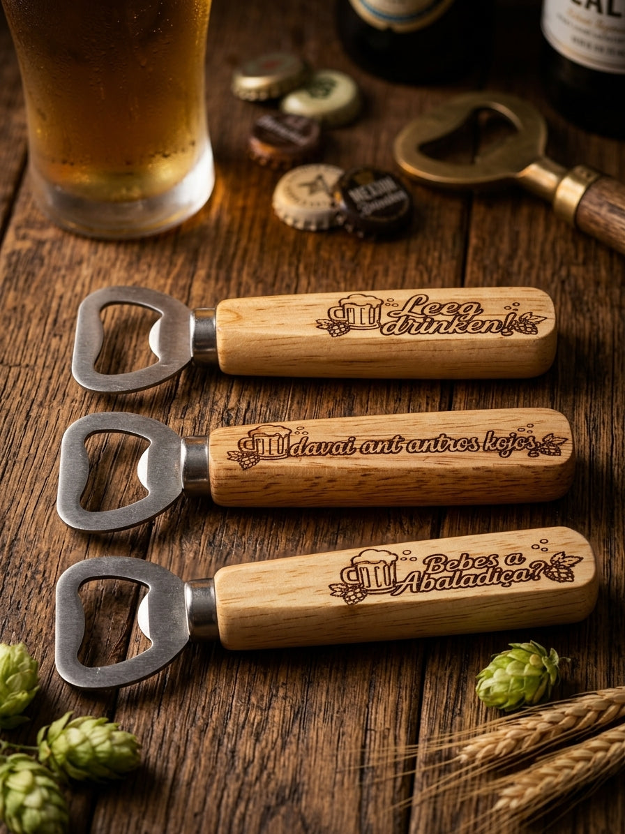 Three personalized wooden bottle openers with engraved beer-themed designs and text, arranged on a rustic wooden table with beer glasses, hops, and wheat.
