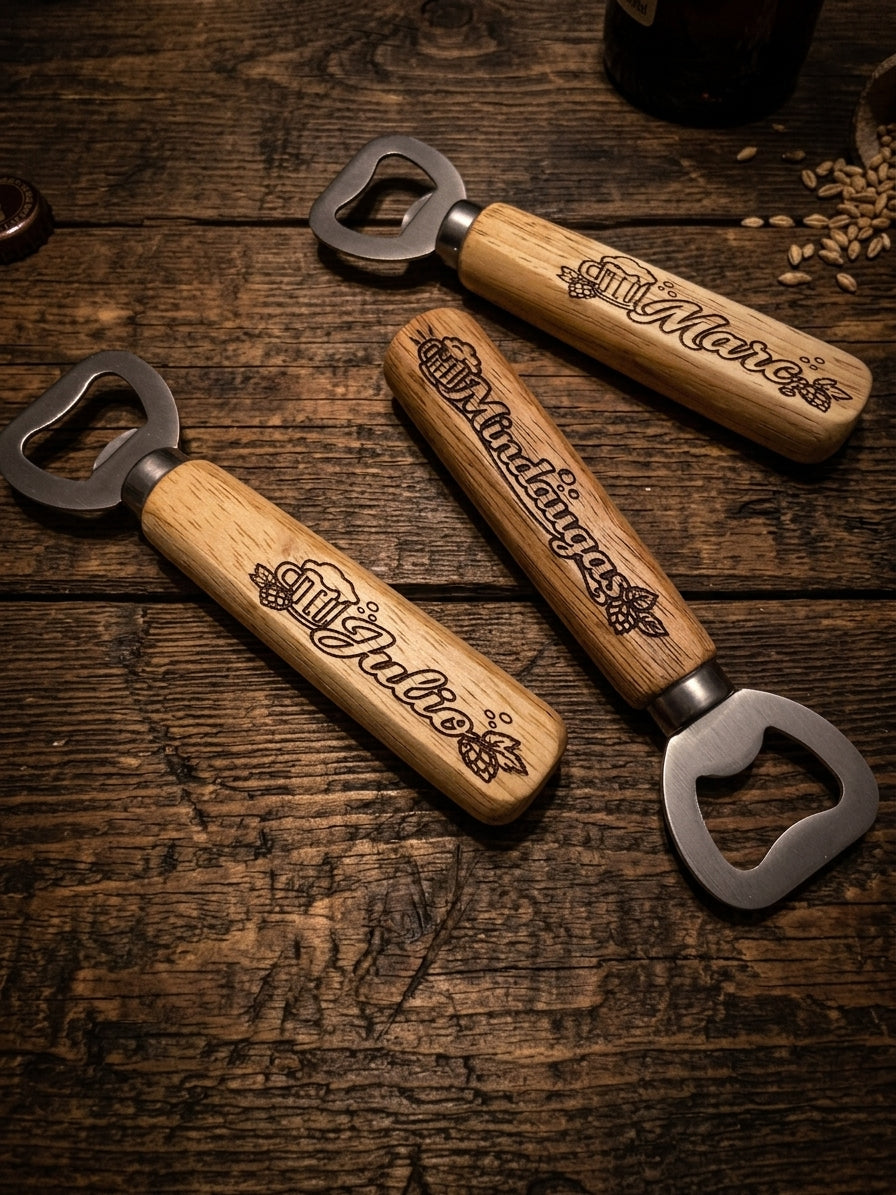 Three personalized wooden bottle openers with engraved names and script designs, displayed diagonally on a rustic dark wood tabletop.
