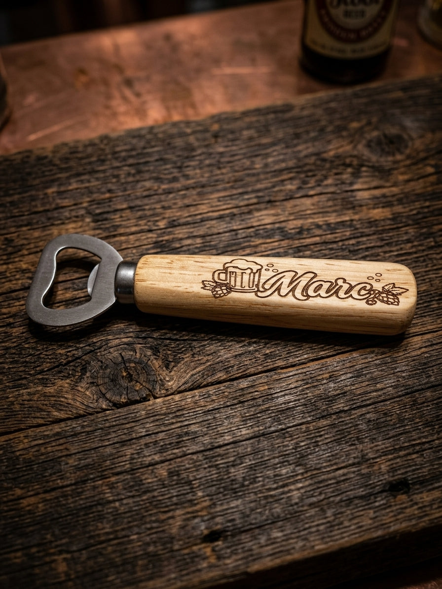 A wooden handled bottle opener engraved with 'Marc' and a beer mug, resting on a rustic dark wood tabletop.