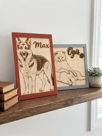 Personalised Pet Portrait – Laser Engraved Wood with Custom 3D Printed Frame