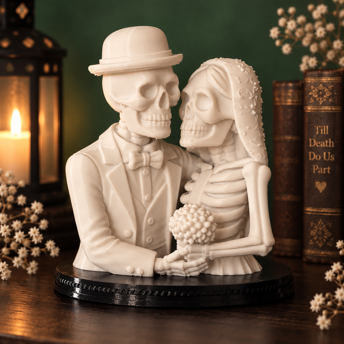 Skeleton couple Halloween decoration displayed with lantern and spooky decor