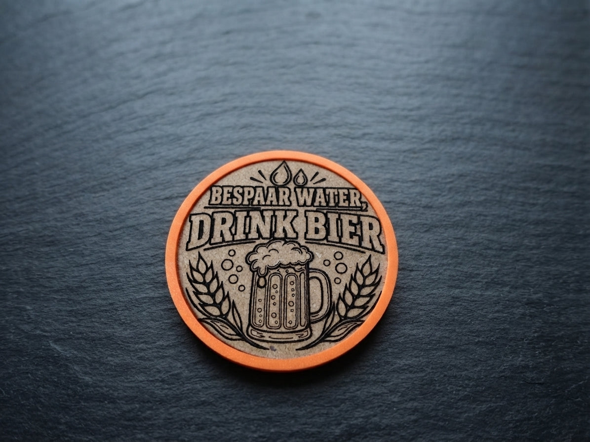 A circular cork beer token or coaster with an orange border, featuring the Dutch text 'BESPAAR WATER DRINK BIER' and an engraved beer mug with wheat, placed on a dark slate background.