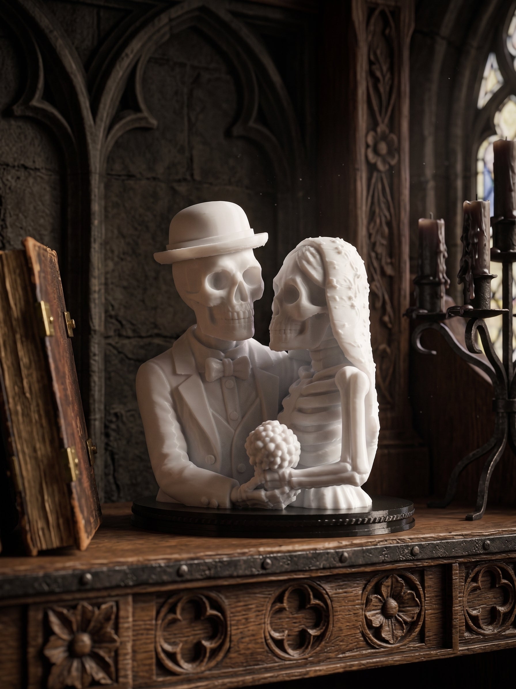 White skeleton couple figurine displayed in gothic Halloween setting