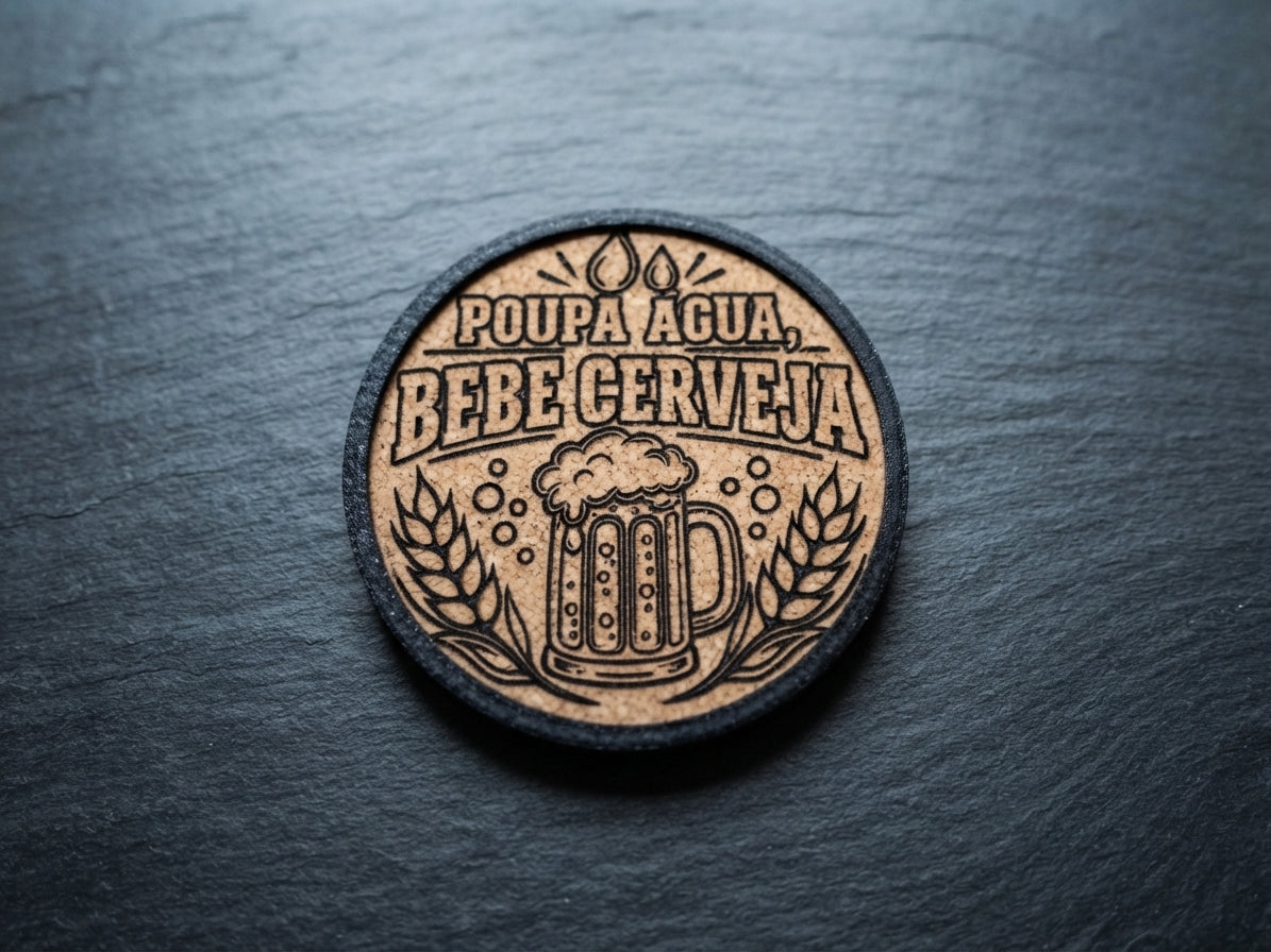A circular wooden coaster with a dark border, featuring a laser-burned design of a beer mug, wheat stalks, and the Portuguese text 'POUPA AGUA, BEBE CERVEJA' on a dark slate background.