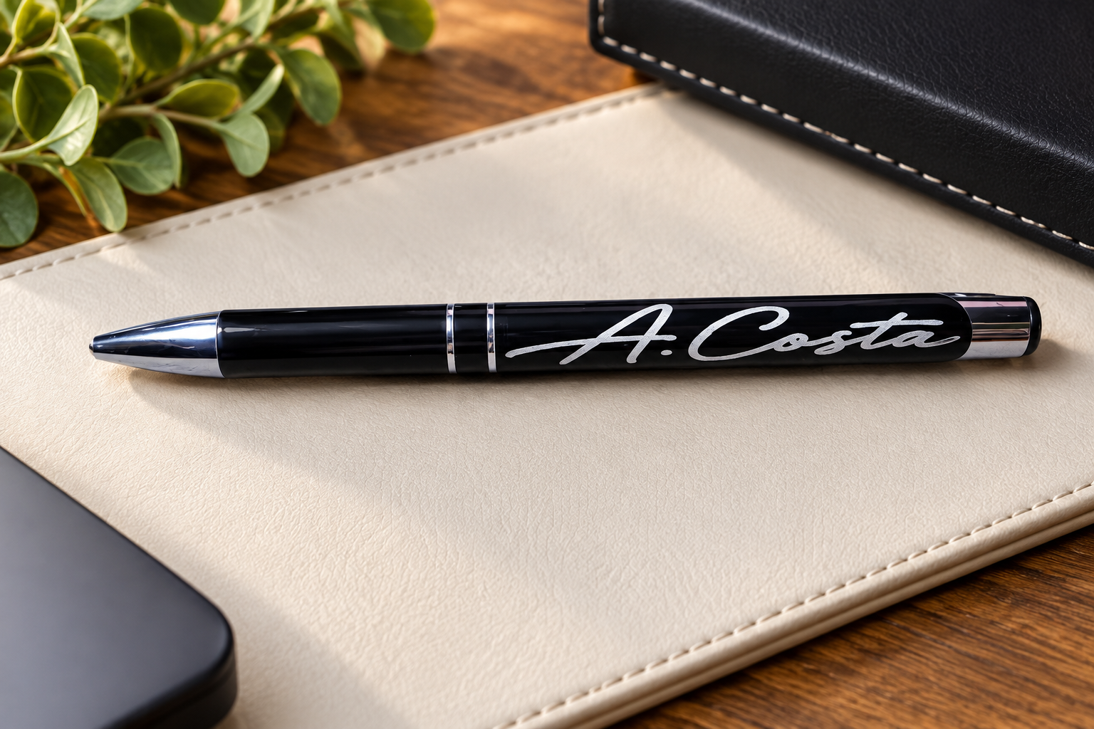 A black ballpoint pen and the engraved name 'A. Costa' printed in white script, resting on a beige leather notebook cover over a wooden desk.