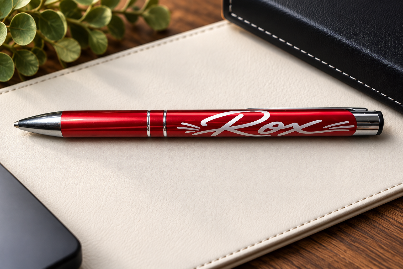 A metallic red ballpoint pen with a white engraved script reading 'Rox' on the barrel, resting on a cream-colored leather notebook cover over a wooden desk.