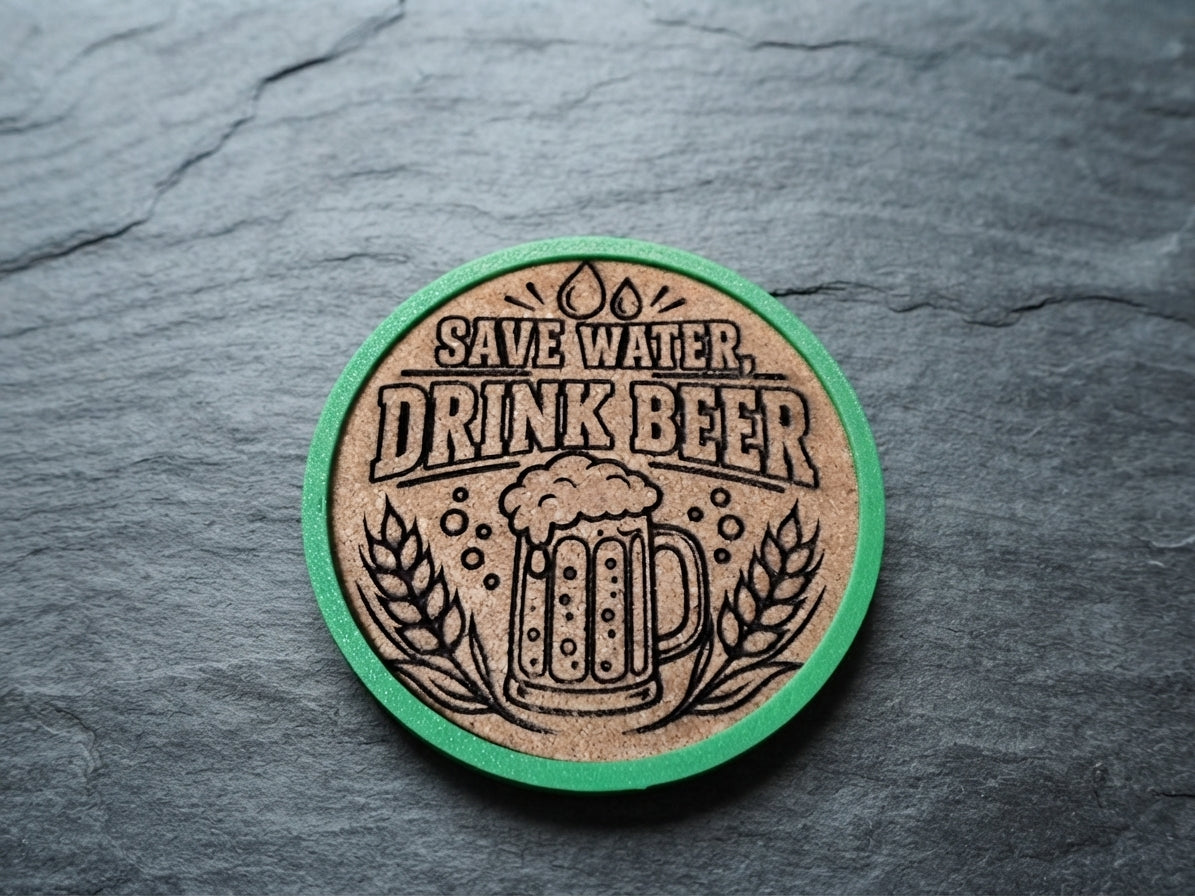 A round cork coaster with a green rim, featuring a black engraved design of a beer mug, wheat stalks, and the text 'SAVE WATER, DRINK BEER.