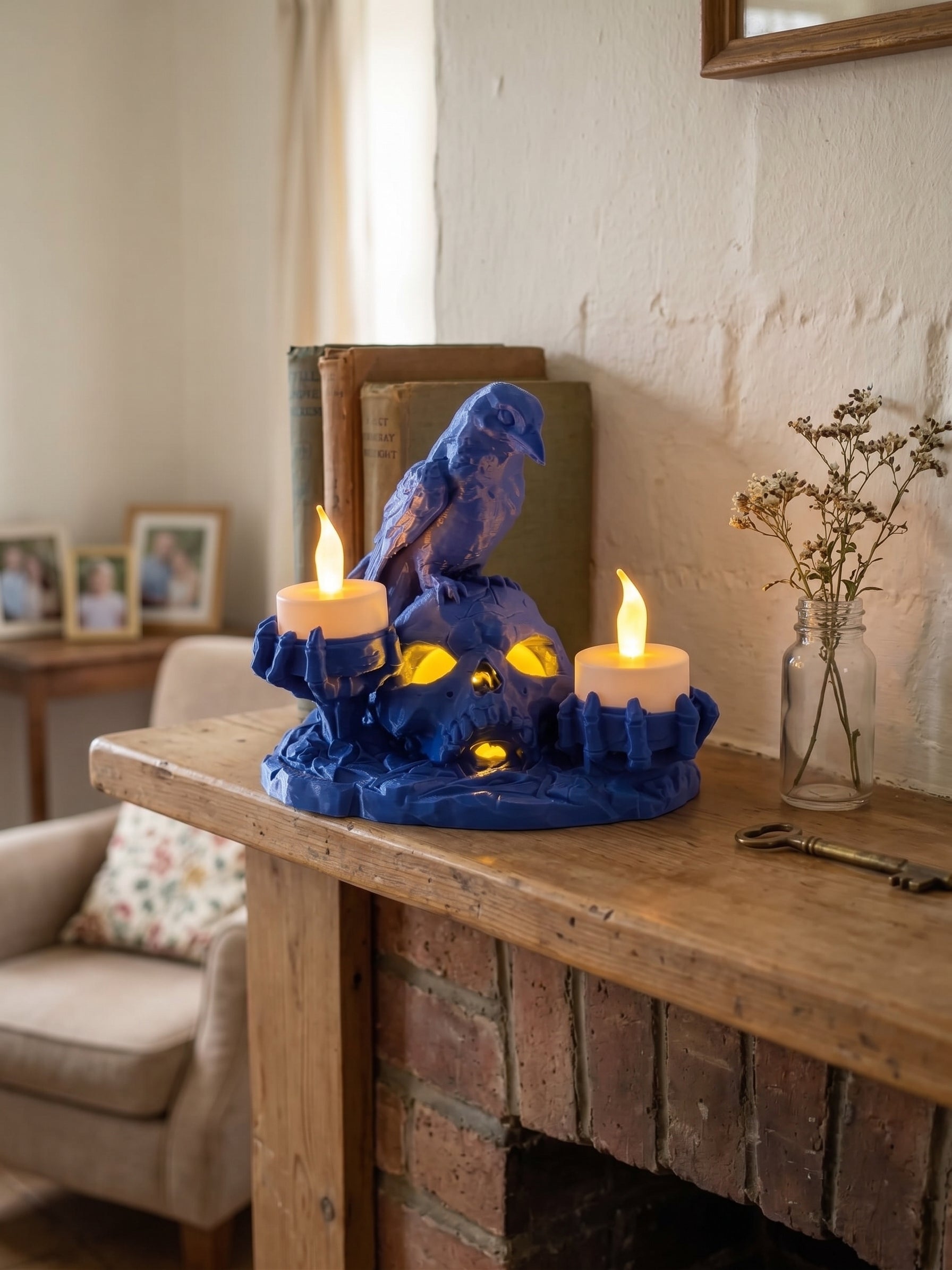 Blue Halloween LED candle decoration displayed on a rustic wooden table in a home interior.