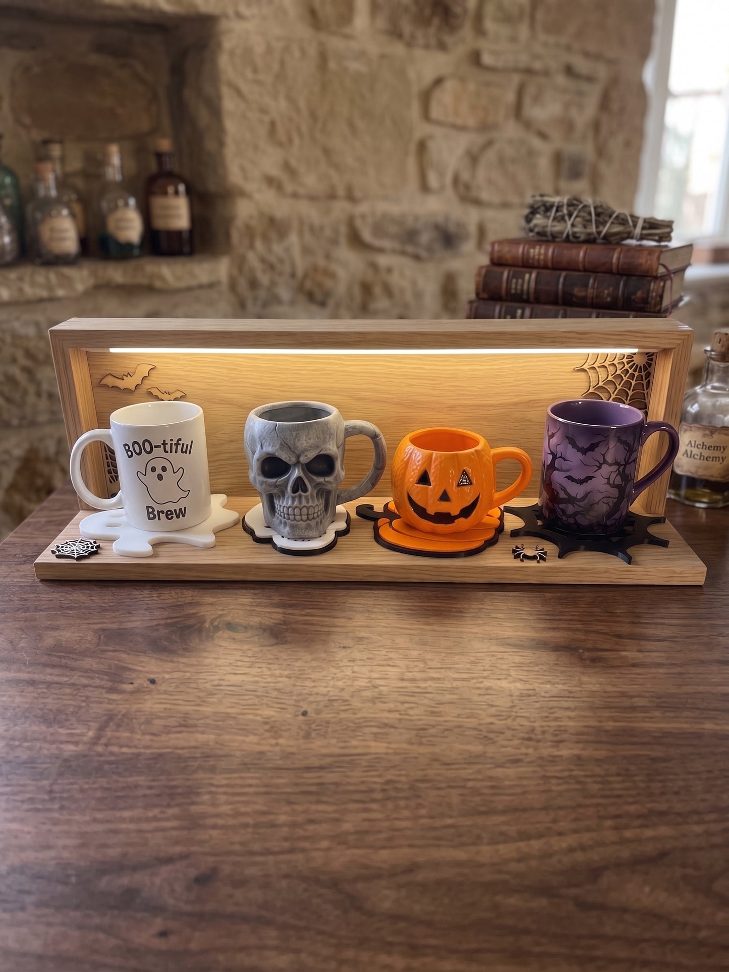 Set of Halloween coasters displayed with skull, ghost and pumpkin mugs on a wooden table.