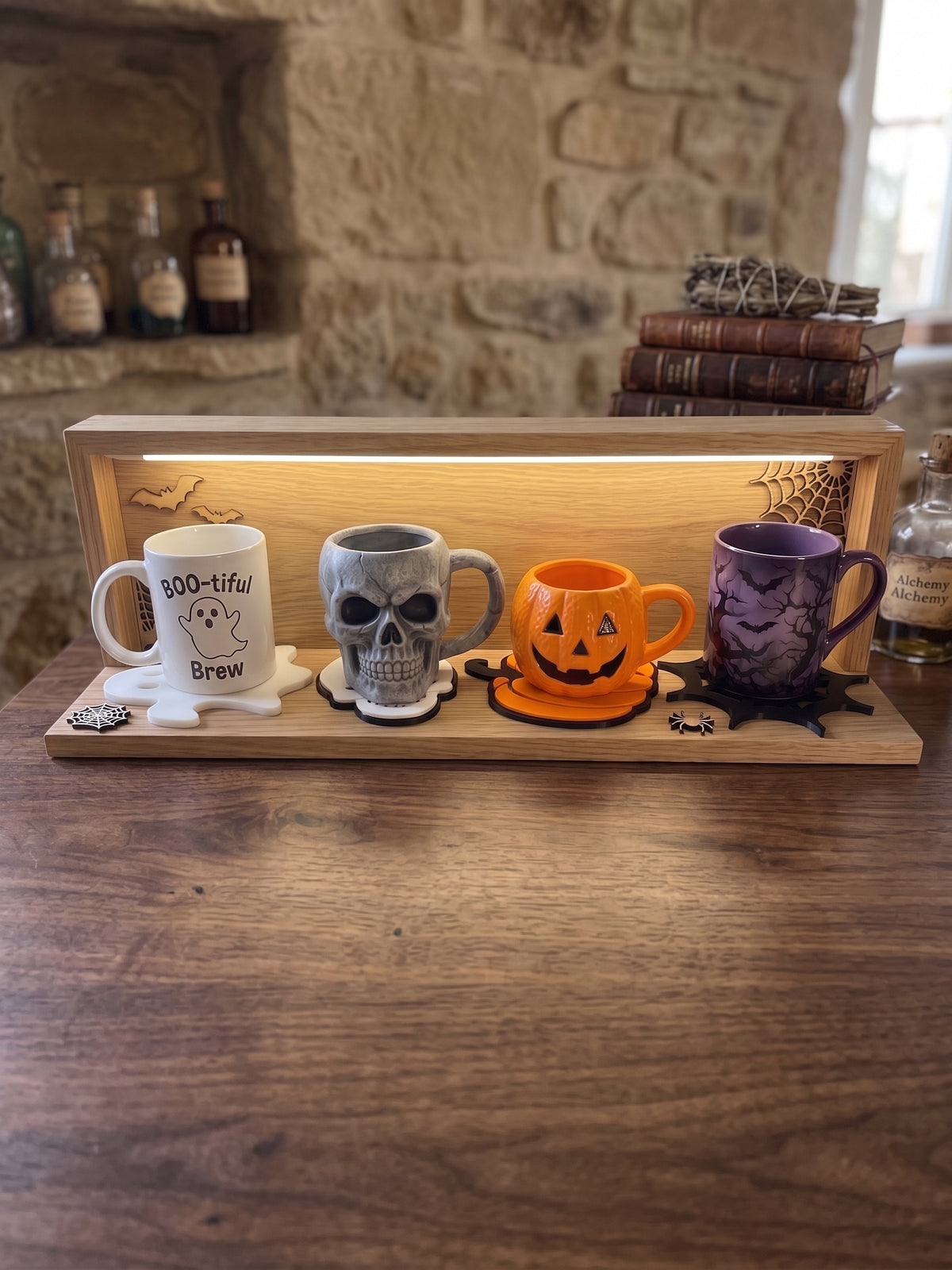 Set of Halloween coasters displayed with skull, ghost and pumpkin mugs on a wooden table.