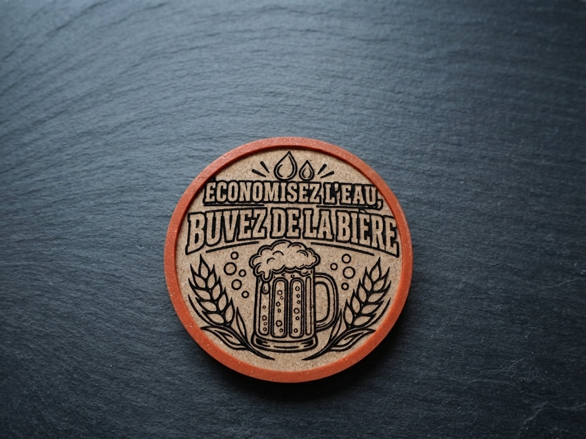 A round wooden coaster with a laser-engraved beer mug and wheat design, featuring the French text 'ECONOMISEZ L'EAU, BUVEZ DE LA BIERE'.