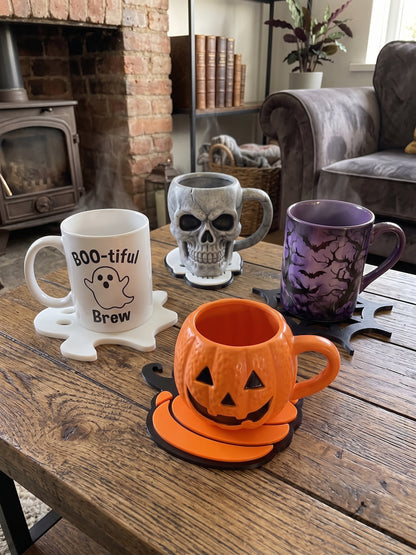 Halloween coasters displayed with spooky mugs on a rustic table in a cozy Halloween-themed room.