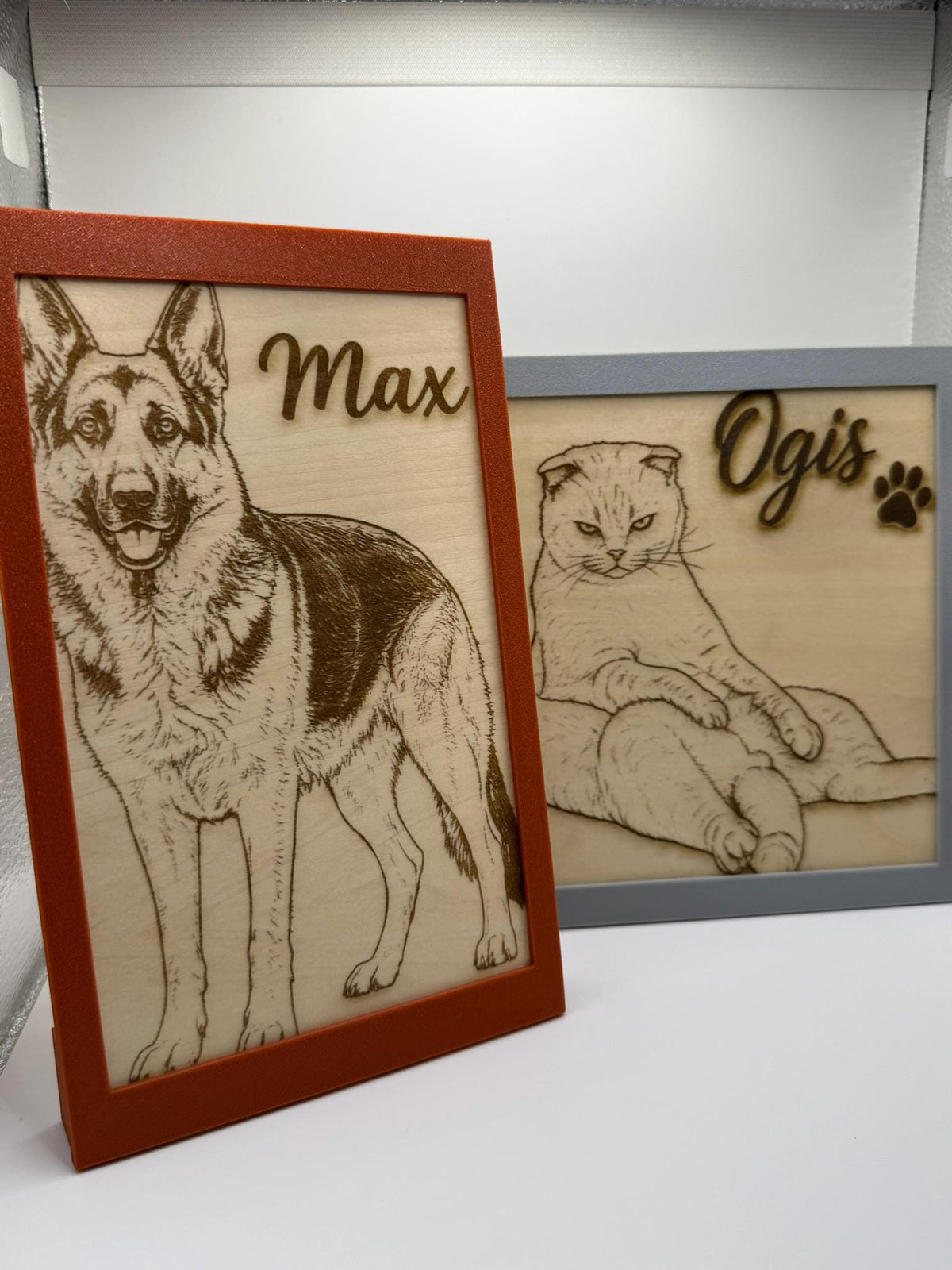 Personalised Pet Portrait – Laser Engraved Wood with Custom 3D Printed Frame