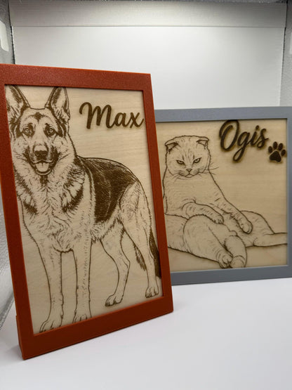 Personalised Pet Portrait – Laser Engraved Wood with Custom 3D Printed Frame