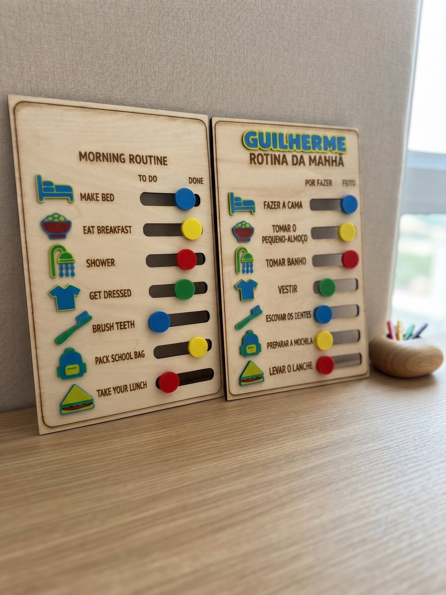 Personalised Kids Morning Routine Board – Engraved Wooden Routine Chart