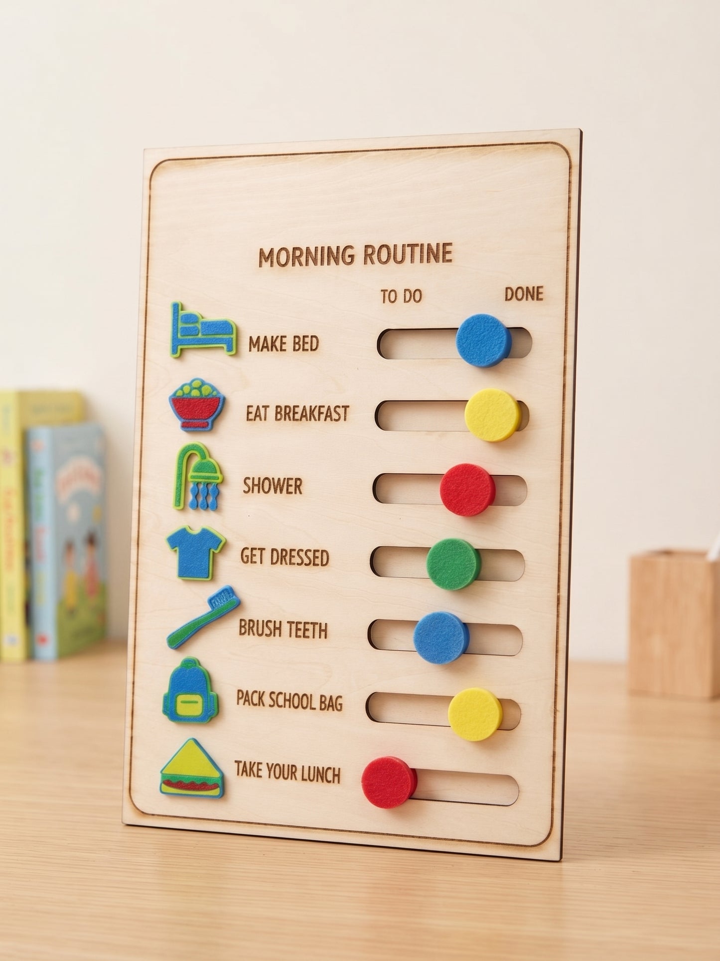 Personalised Kids Morning Routine Board – Engraved Wooden Routine Chart