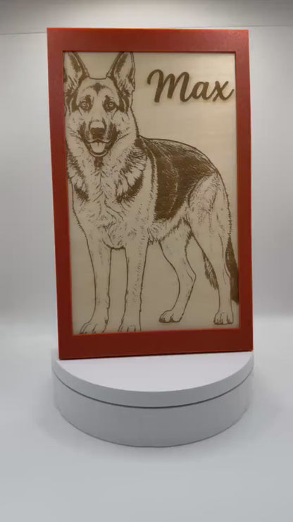 Personalised Pet Portrait – Laser Engraved Wood with Custom 3D Printed Frame