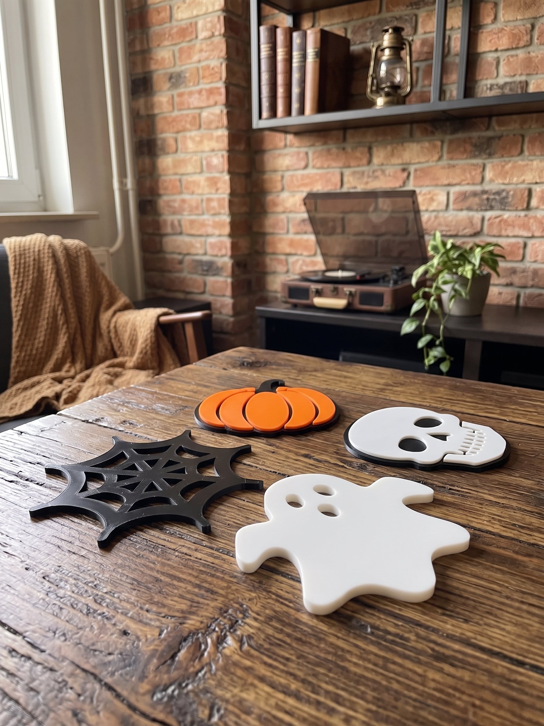 Halloween coaster set styled on a table in a cozy room, featuring pumpkin, skull, ghost and spider web designs.